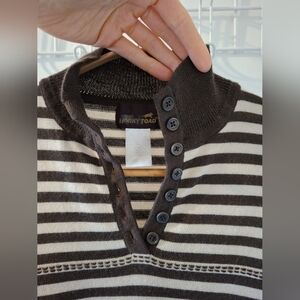 Horny Toad Chocolate Brown & Cream Striped Merino Wool Polo-neck Sweater (US S)